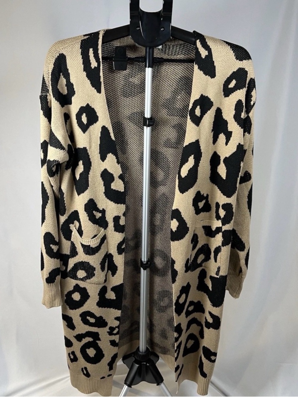 Open-Front Leopard Print Cardigan Sweater - Beige/Black